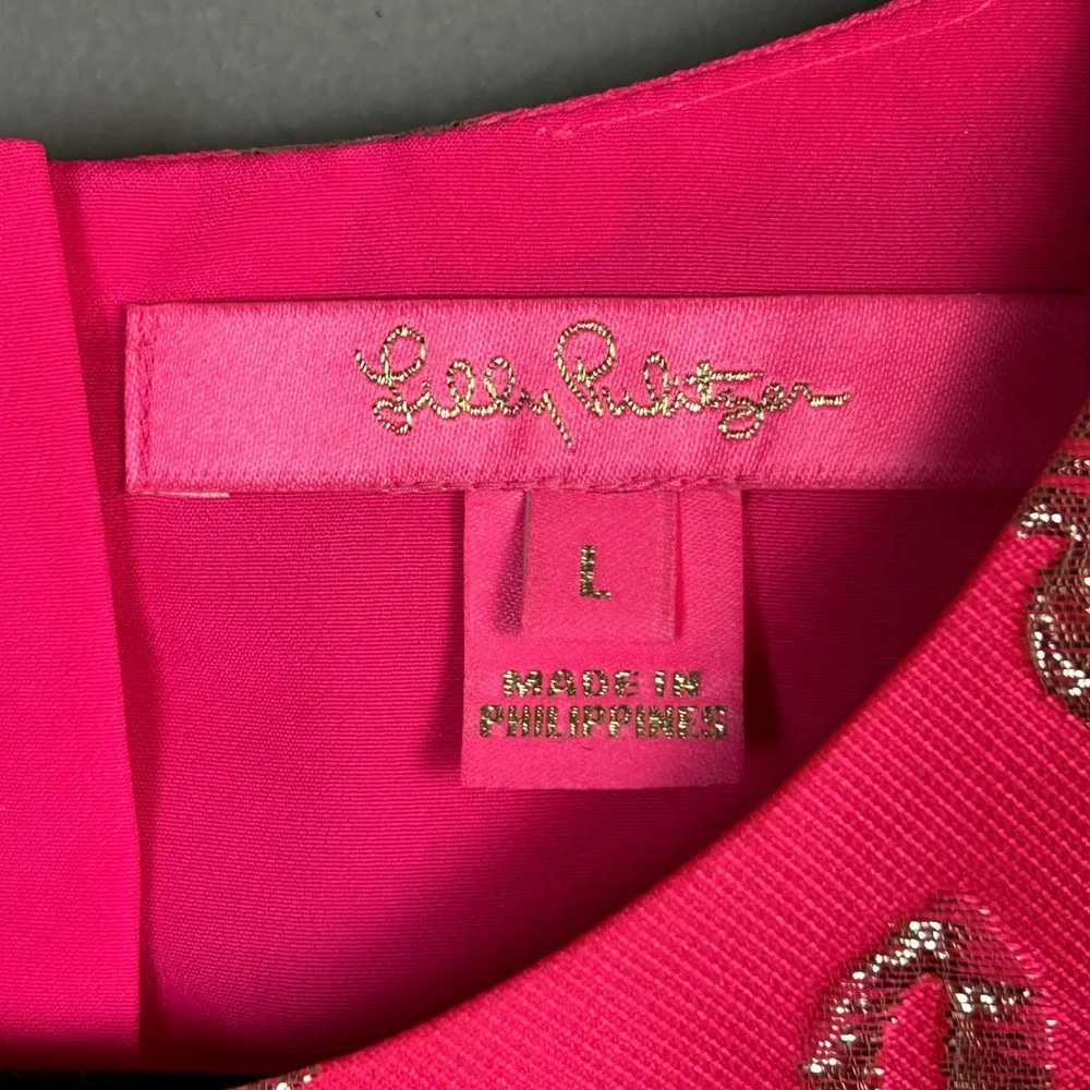 Lilly Pulitzer‎ top Large Pratt Hot Pink Gold Brocade Puff Sleeve Colorful Glam
